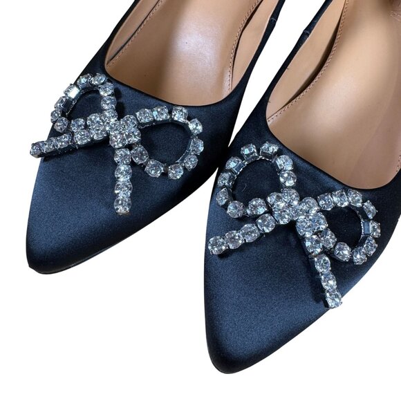 J. Crew Factory Black Crystal Bow Pointed Toe Kitten Heels Size 7.5 - Picture 3 of 8